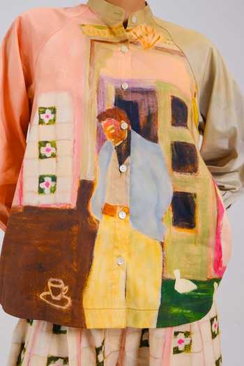 Cord_Multi Color Cotton Satin Band Collar Morning Coffee Shirt _Online_at_Aza_Fashions