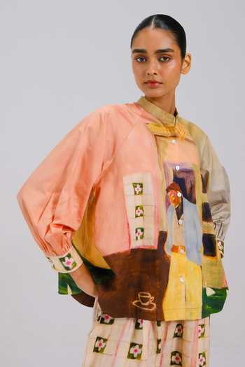 Buy_Cord_Multi Color Cotton Satin Band Collar Morning Coffee Shirt _Online_at_Aza_Fashions