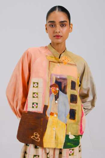 Shop_Cord_Multi Color Cotton Satin Band Collar Morning Coffee Shirt _Online_at_Aza_Fashions