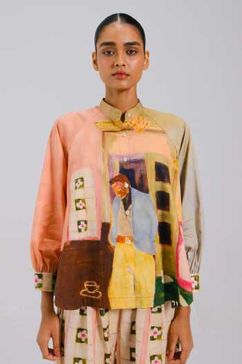 Cord_Multi Color Cotton Satin Band Collar Morning Coffee Shirt _at_Aza_Fashions
