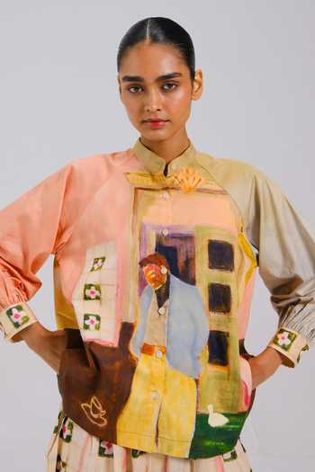 Buy_Cord_Multi Color Cotton Satin Band Collar Morning Coffee Shirt 
