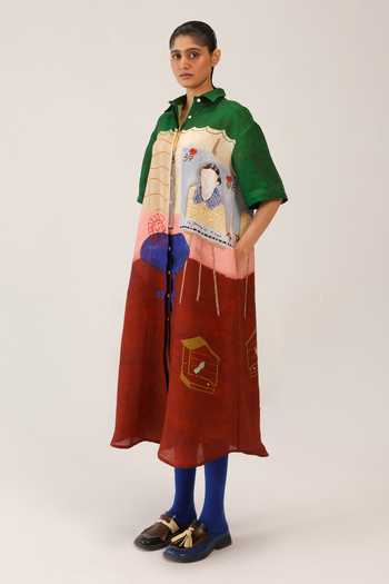 Buy_Cord_Multi Color Linen Collared Loft Print Dress _Online_at_Aza_Fashions