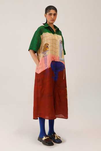 Cord_Multi Color Linen Collared Loft Print Dress _at_Aza_Fashions