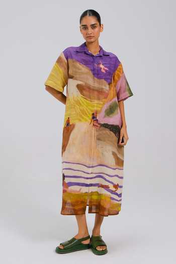 Buy_Cord_Multi Color Linen Collared Swimmers Print Dress _at_Aza_Fashions