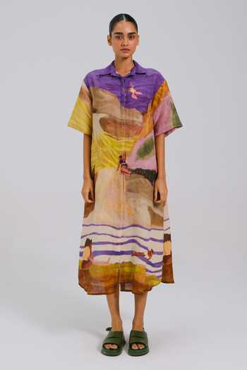 Buy_Cord_Multi Color Linen Collared Swimmers Print Dress _Online_at_Aza_Fashions