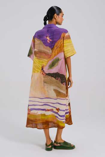 Shop_Cord_Multi Color Linen Collared Swimmers Print Dress _at_Aza_Fashions