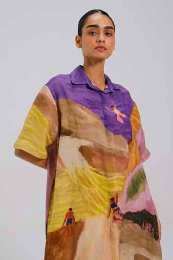 Shop_Cord_Multi Color Linen Collared Swimmers Print Dress _Online_at_Aza_Fashions