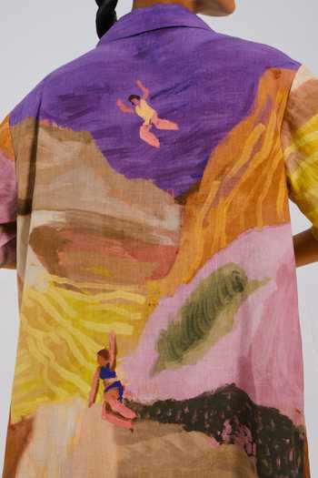 Cord_Multi Color Linen Collared Swimmers Print Dress _at_Aza_Fashions