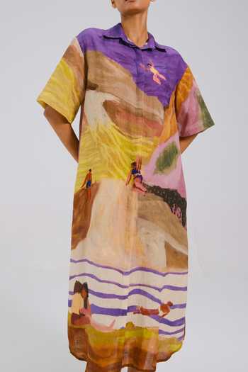 Buy_Cord_Multi Color Linen Collared Swimmers Print Dress 