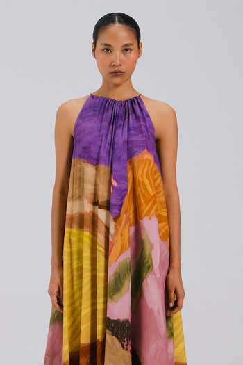 Cord_Multi Color Halter Neck Swimmers Print Dress _Online_at_Aza_Fashions