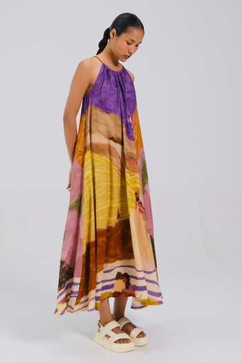 Shop_Cord_Multi Color Halter Neck Swimmers Print Dress _Online_at_Aza_Fashions