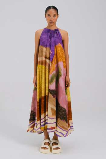 Cord_Multi Color Halter Neck Swimmers Print Dress _at_Aza_Fashions