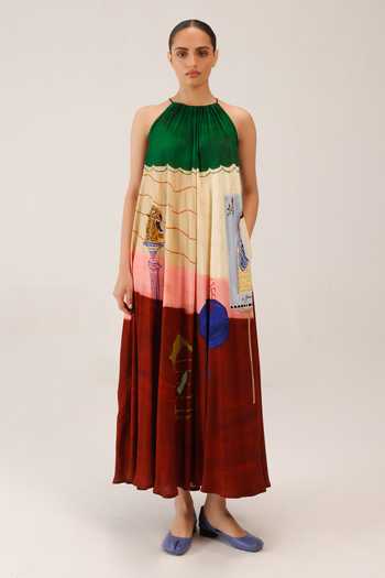 Buy_Cord_Multi Color Halter Neck Loft Print Dress _Online_at_Aza_Fashions