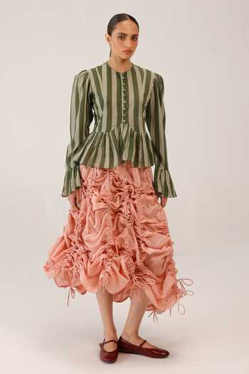 Cord_Pink Linen Ruffles Adele Pleated Skirt _Online_at_Aza_Fashions