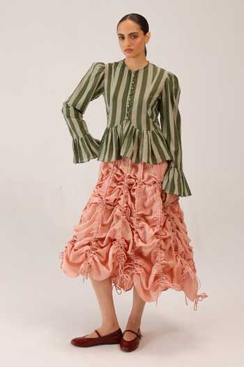 Buy_Cord_Pink Linen Ruffles Adele Pleated Skirt _at_Aza_Fashions