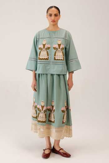 Buy_Cord_Green Linen Lace, Applique Claire Work Skirt _at_Aza_Fashions