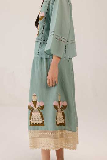 Cord_Green Linen Lace, Applique Claire Work Skirt _Online_at_Aza_Fashions