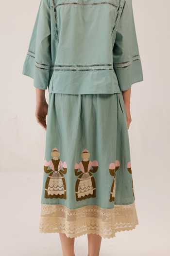 Shop_Cord_Green Linen Lace, Applique Claire Work Skirt _at_Aza_Fashions