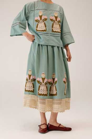 Buy_Cord_Green Linen Lace, Applique Claire Work Skirt _Online_at_Aza_Fashions