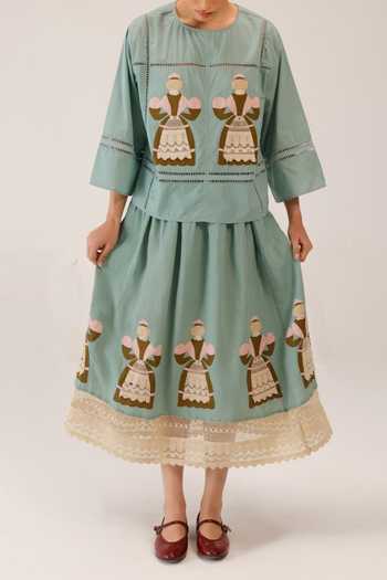 Shop_Cord_Green Linen Lace, Applique Claire Work Skirt _Online_at_Aza_Fashions