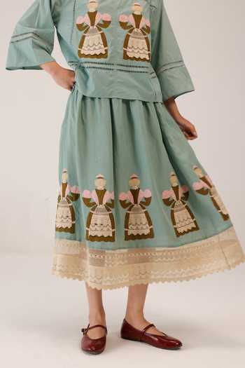 Cord_Green Linen Lace, Applique Claire Work Skirt _at_Aza_Fashions