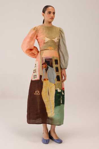 Buy_Cord_Multi Color Linen Round Neck Morning Coffee Print Euro Dress _at_Aza_Fashions