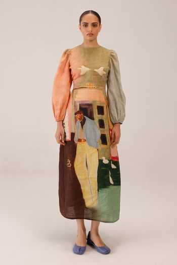 Cord_Multi Color Linen Round Neck Morning Coffee Print Euro Dress _Online_at_Aza_Fashions