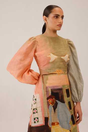 Shop_Cord_Multi Color Linen Round Neck Morning Coffee Print Euro Dress _Online_at_Aza_Fashions
