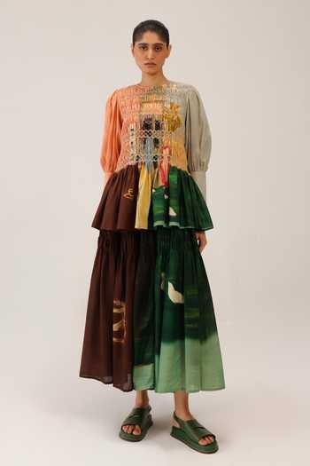 Cord_Multi Color Silk, Cotton Smocking Round Neck Gaia Printed Top _Online
