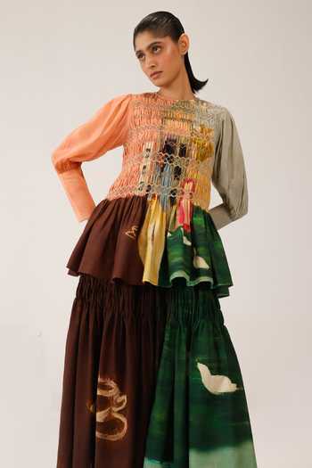 Shop_Cord_Multi Color Silk, Cotton Smocking Round Neck Gaia Printed Top _Online