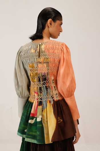 Shop_Cord_Multi Color Silk, Cotton Smocking Round Neck Gaia Printed Top _at_Aza_Fashions