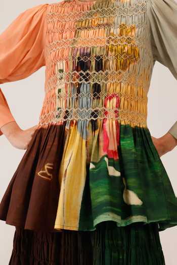 Cord_Multi Color Silk, Cotton Smocking Round Neck Gaia Printed Top 