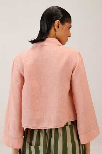 Shop_Cord_Pink Linen Embroidery Collared Fern Shirt _at_Aza_Fashions