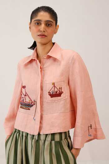 Buy_Cord_Pink Linen Embroidery Collared Fern Shirt _at_Aza_Fashions