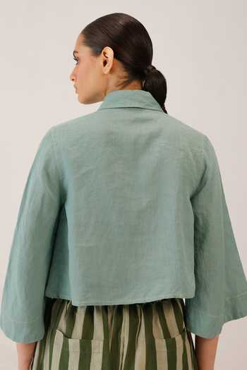 Shop_Cord_Blue Linen Embroidery Collared Fern Sailor Cropped Shirt _at_Aza_Fashions