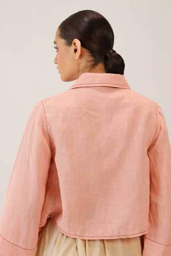 Shop_Cord_Pink Linen Embroidery Collared Fern Top _at_Aza_Fashions