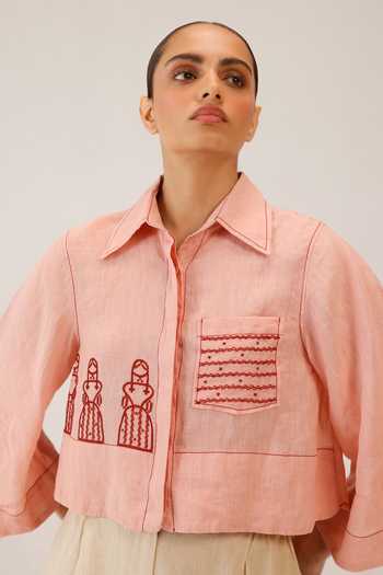 Cord_Pink Linen Embroidery Collared Fern Top _Online_at_Aza_Fashions