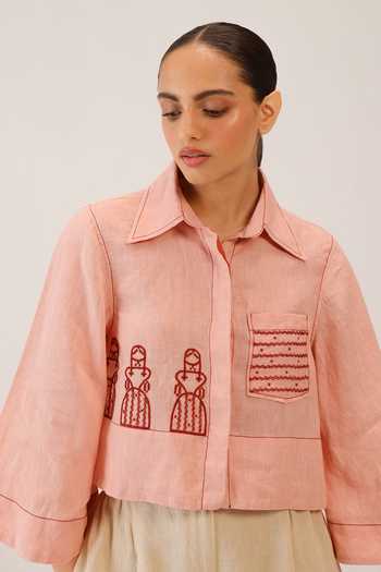 Buy_Cord_Pink Linen Embroidery Collared Fern Top _Online_at_Aza_Fashions