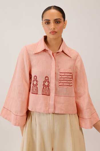 Buy_Cord_Pink Linen Embroidery Collared Fern Top _at_Aza_Fashions