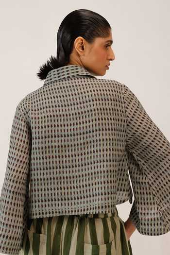 Shop_Cord_Green Linen Applique Collared Fern Fish Work Shirt _at_Aza_Fashions