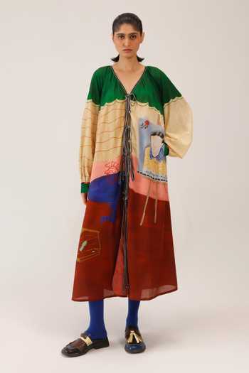 Cord_Multi Color Cotton Lace V-neck Joana Printed Dress _at_Aza_Fashions