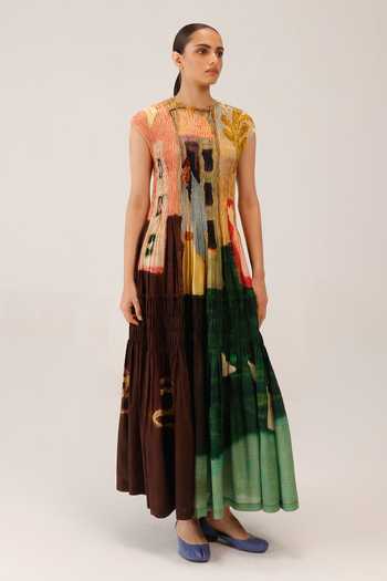 Buy_Cord_Multi Color Cotton Smocking Round Neck July Morning Coffee Print Dress _at_Aza_Fashions
