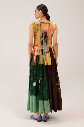 Shop_Cord_Multi Color Cotton Smocking Round Neck July Morning Coffee Print Dress _at_Aza_Fashions