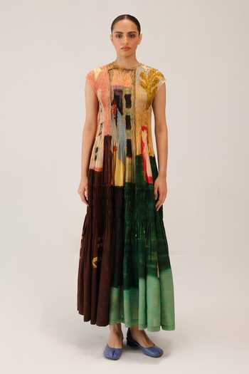 Buy_Cord_Multi Color Cotton Smocking Round Neck July Morning Coffee Print Dress _Online_at_Aza_Fashions