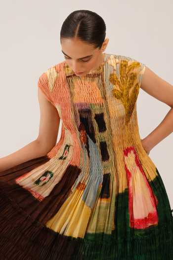 Shop_Cord_Multi Color Cotton Smocking Round Neck July Morning Coffee Print Dress _Online_at_Aza_Fashions