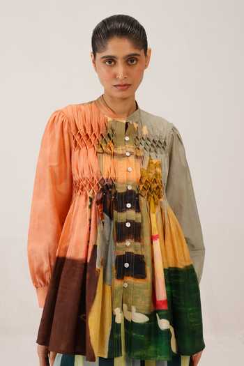 Cord_Multi Color Silk, Cotton Beads, Smocking Mandarin Collar Leni Top _Online_at_Aza_Fashions