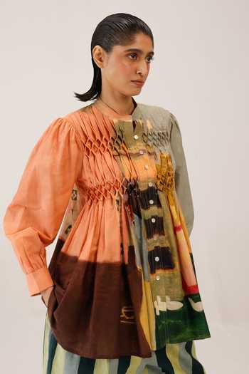 Buy_Cord_Multi Color Silk, Cotton Beads, Smocking Mandarin Collar Leni Top _Online_at_Aza_Fashions