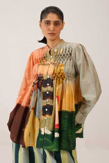 Shop_Cord_Multi Color Silk, Cotton Beads, Smocking Mandarin Collar Leni Top _Online_at_Aza_Fashions