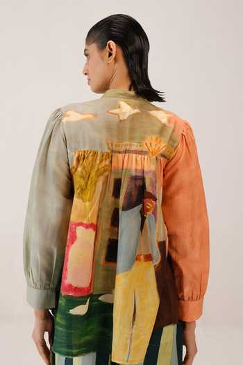 Shop_Cord_Multi Color Silk, Cotton Beads, Smocking Mandarin Collar Leni Top _at_Aza_Fashions
