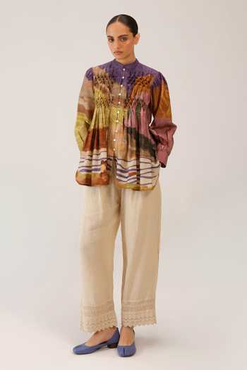 Cord_Multi Color Silk, Cotton Beads, Smocking Mandarin Collar Leni Top _Online_at_Aza_Fashions